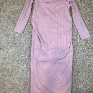 SHEIN Maternity Off Shoulder Bodycon Midi Dress Pink Ribbed Long Sleeve Size L 8